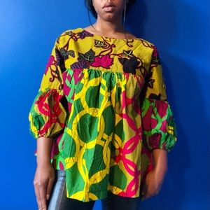 Vibrant Neon Ankara Patchwork Floral 3/4 Sleeve Babydoll Top